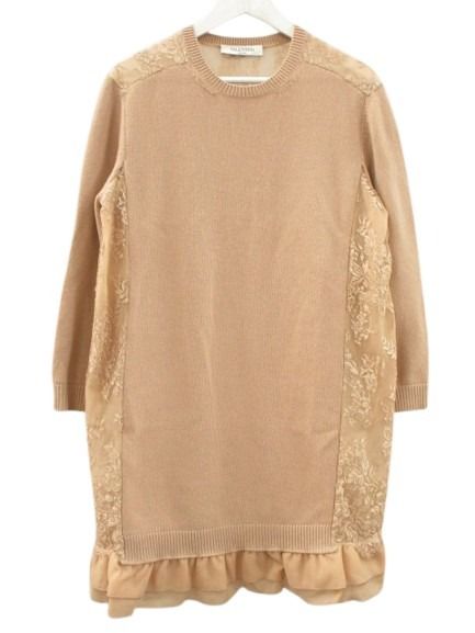 【中古】ヴァレンティノ VALENTINO レース 切替 ニット チュニック ワンピース L ピンクベージュ ウール カシミヤ