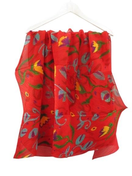 【中古】ミーイッセイミヤケ me ISSEY MIYAKE プリーツ スカーフ ストール 柄 無地 切替 プリント 赤 レッド