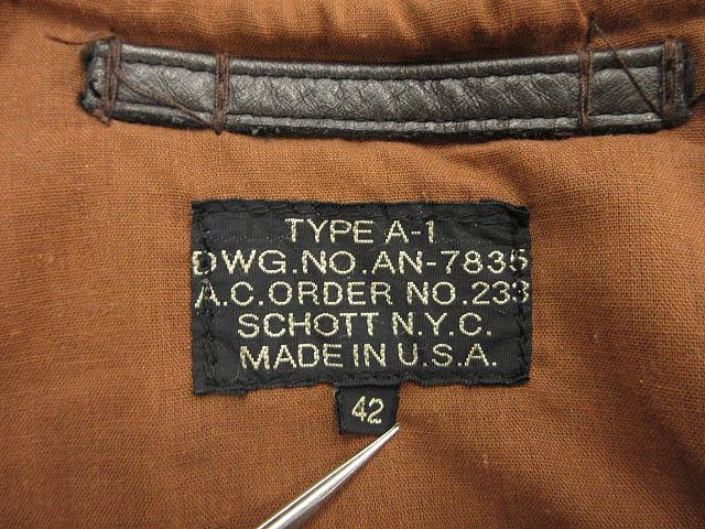 【中古】打つこと SCHOTT A-1 なめし革 飛翔上衣 USA製 42 まっ黒い赤銅色 AN-7835 メンズ