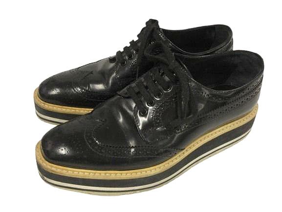 【中古】プラダ PRADA ウィングチップ 厚底 レザーシューズ 37 黒 ブラック ブーツ 靴 ☆AA★ レディース