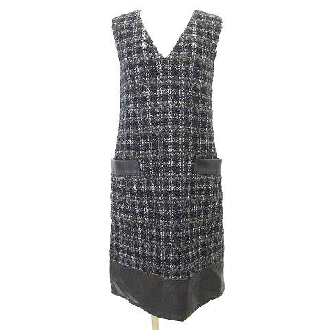 【中古】フォクシー 19-20AW ツイード ワンピース ひざ丈 合皮切替 ジャンスカ 38 黒 ブラック ■GY09 レディース