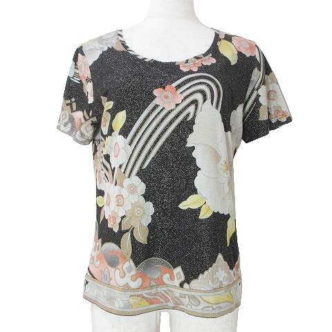 【中古】レオナール LEONARD FASHION 美品 半袖 Ｔシャツ カットソー ラメ 花柄 L 黒 ブラック IBO58 X レディースの通販は 8,330円