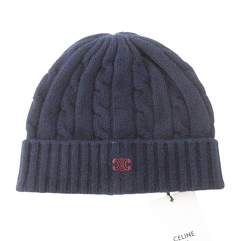 【中古】未使用品 セリーヌ CELINE タグ付き TRIOMPHE ケーブルニット ニット帽 ビーニー カシミヤ混 TU ネイビー