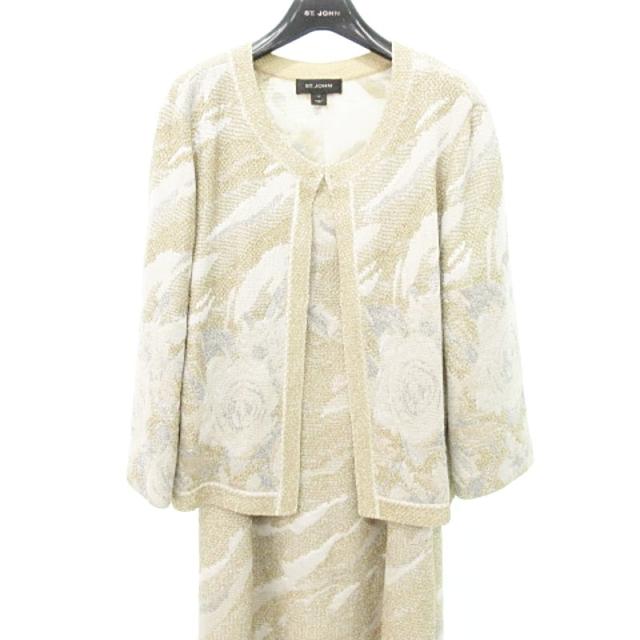 【中古】セントジョン ST.JOHN 美品 ラメ スーツ アンサンブル ジャガード 総柄 花柄 16 大きいサイズ ベージュ 中古】セントジョン ST.JOHN 美品 ラメ スーツ アンサンブル