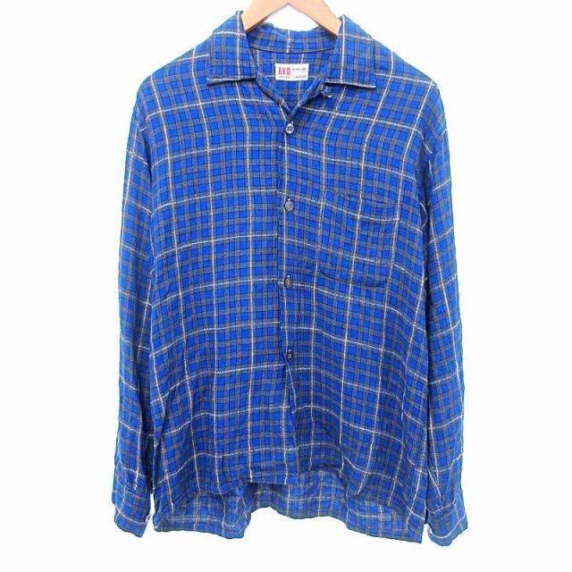 【中古】B.V.D 50s ヴィンテージ チェック シャツ 長袖 15-15 1/2 M 青 ブルー A0625 メンズ
