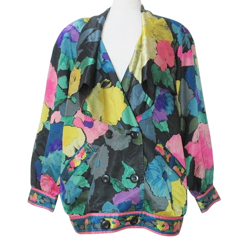 【中古】レオナール ファーストライン ヴィンテージ ジャケット シルク ウール 花柄 黒 M相当 ■GY09 レディース