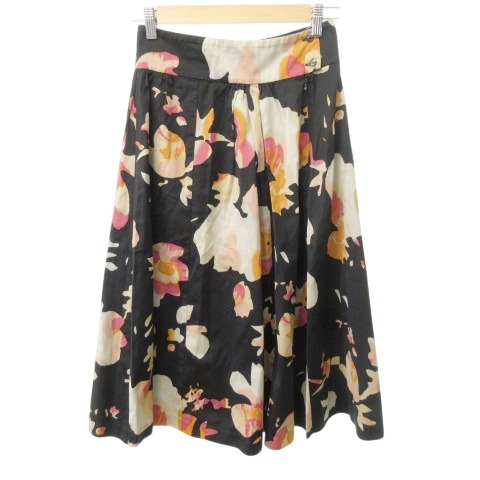【中古】ドリスヴァンノッテン 美品 ひざ丈 スカート フレア 花柄 フラワー ベルギー製 36 約Sサイズ 黒 レディース
