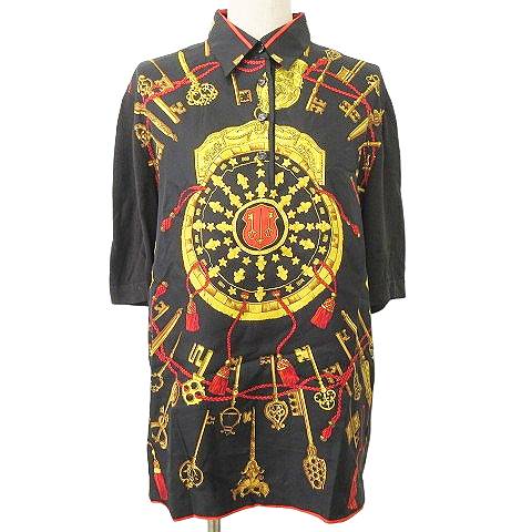 【中古】エルメス HERMES LES CLES プルオーバー シャツ ツイルレーヌ 半袖 鍵柄 カシミヤ混ニット 切替 M ブラック
