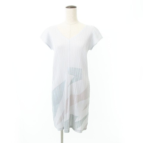 【中古】プリーツプリーズ PLEATS PLEASE 美品 15AW リブ ワンピース ラメ風加工 日本製 4 パステルブルーグレー