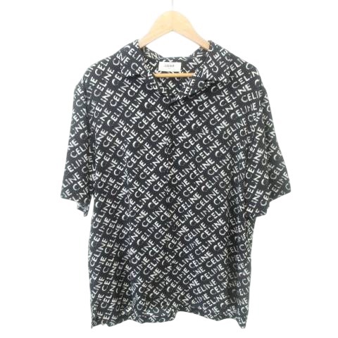【中古】セリーヌ 2C946748T.38CE 23AW ロゴプリント オープンカラー シャツ 半袖 薄手 39 約M〜Lサイズ黒 メンズ