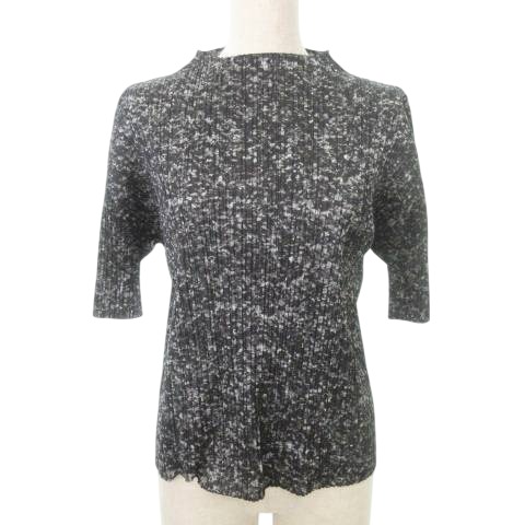 【中古】プリーツプリーズ 美品 PP83-JK181 半袖 カットソー 総柄 ボートネック 薄手 3 約Lサイズ 黒 レディース