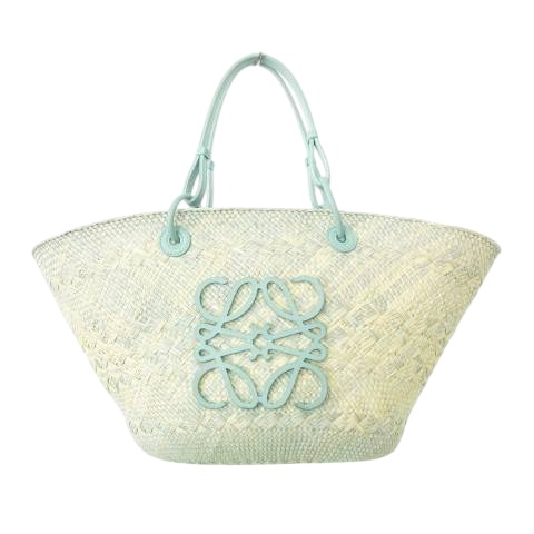 【中古】ロエベ LOEWE 美品 アナグラム バスケット 藁 2WAY ショルダー バッグ ロゴ 水色 ライトブルー レディース