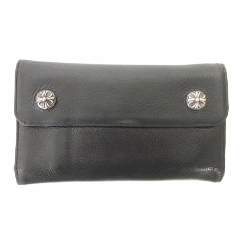 【中古】クロムハーツ ウェーブ ウォレット 長財布 クロスボタン クロスボール レザー ダガーチャーム 黒 ブラック