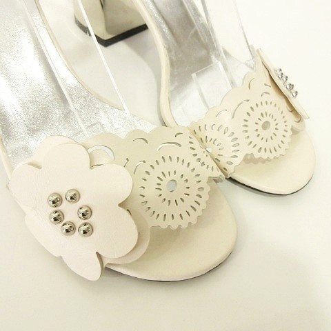 【中古】ロジェヴィヴィエ フラワー パンチング レザー サンダル ヒール 38.5 25.5cm アイボリー レディース