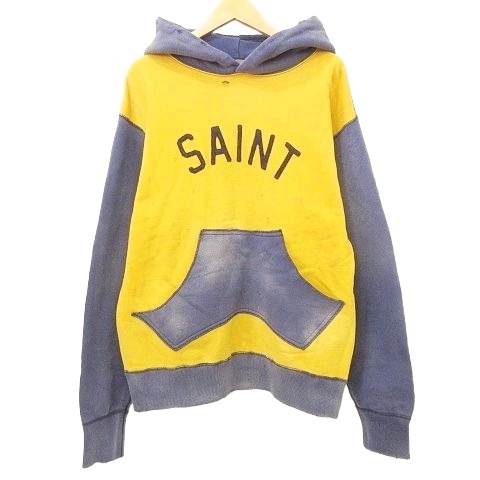 【中古】セントマイケル 21AW HOODIE FELT プルオーバー パーカー ロゴ ダメージ M イエロー ブルー ☆AA★ メンズ