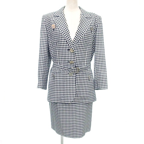 【中古】イヴサンローラン スカートスーツ セットアップ ギンガムチェック ウール シルク 38 M相当 黒 ブラック