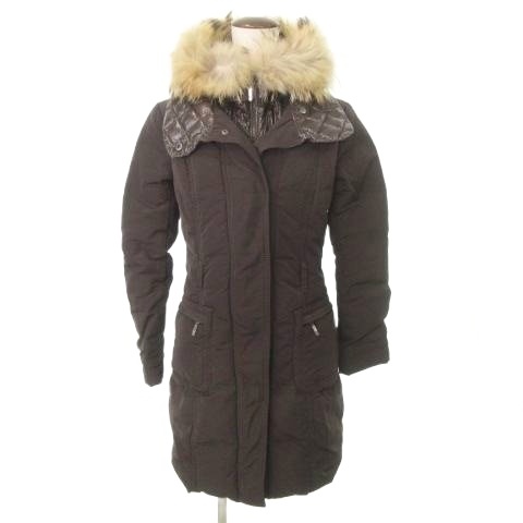 【中古】モンクレール MONCLER ロムニー ダウンコート ファー 無地 ジップアップ 厚手 0 XS〜Sサイズ 茶 ブラウン レディース