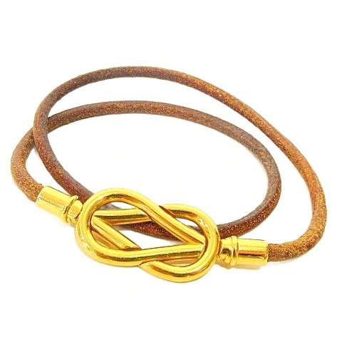 【中古】エルメス HERMES アタメ ブレスレット チョーカー レザー 茶 ブラウン ゴールド ☆AA★ A0206 レディース