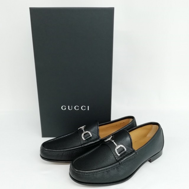 【中古】未使用品 グッチ GUCCI 367762 ホースビット ローファー スリッポン レザー シューズ 6 ブラック SV金具