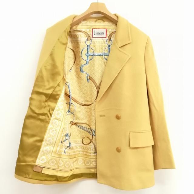 【中古】ヘルノ HERNO カシミヤ ダブルブレスト ジャケット テーラード ブレザー 総柄裏地 40 イエロー系 レディースの通販は 7,300円