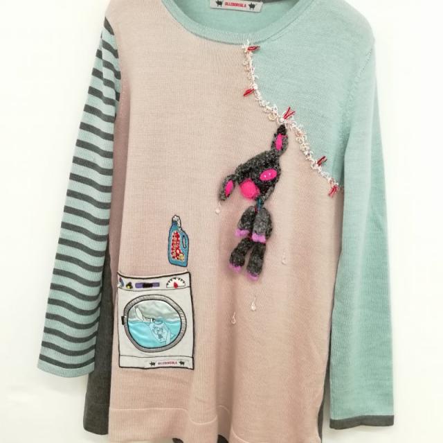 アルベロベロ　ALBEROBELLO olleborebla 長袖 ニット カーディガン 黒系 ブラック ぶたさん 刺繍 リボン ボタン リブ レディース ALBEROBELLO⁄OLLEBOREBLA(アルベロベロ⁄オレボレブラ)