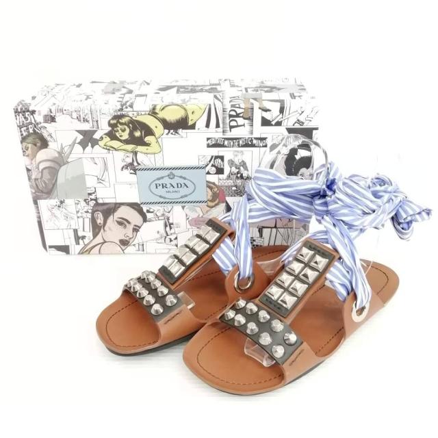 【中古】プラダ PRADA 1X676I スタッズ リボン フラット サンダル 美品 38 ブラウン系 レディース