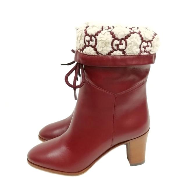 【中古】グッチ GUCCI GG シアリング エフェクト ブーツ ブーティー 美品 35 ボルドー系 レディース