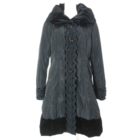 【中古】スーパー ビューティー ダウンコート ロング レース ビジュー ベロア切替 ジップアップ 42 L相当 黒