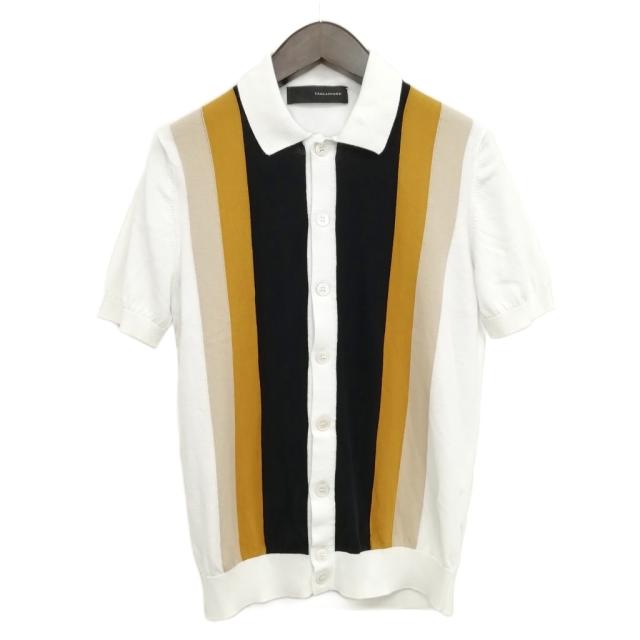 【中古】タリアトーレ TAGLIATORE ストライプ フルボタン コットン ニット シャツ ポロシャツ 半袖 46 ホワイト系