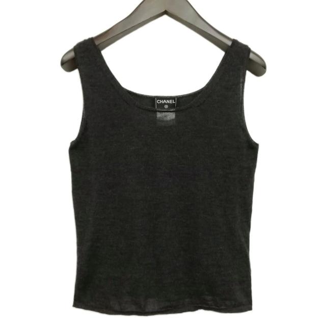 【中古】シャネル CHANEL 99A P14352V00667 カシミヤ シルク ニット タンクトップ ノースリーブ 38 チャコール