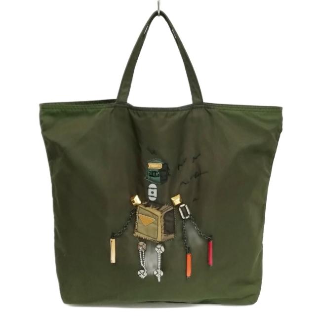 【中古】プラダ PRADA ポコノ ロボット ナイロン トートバッグ 三角プレート カーキ系 メンズ レディース