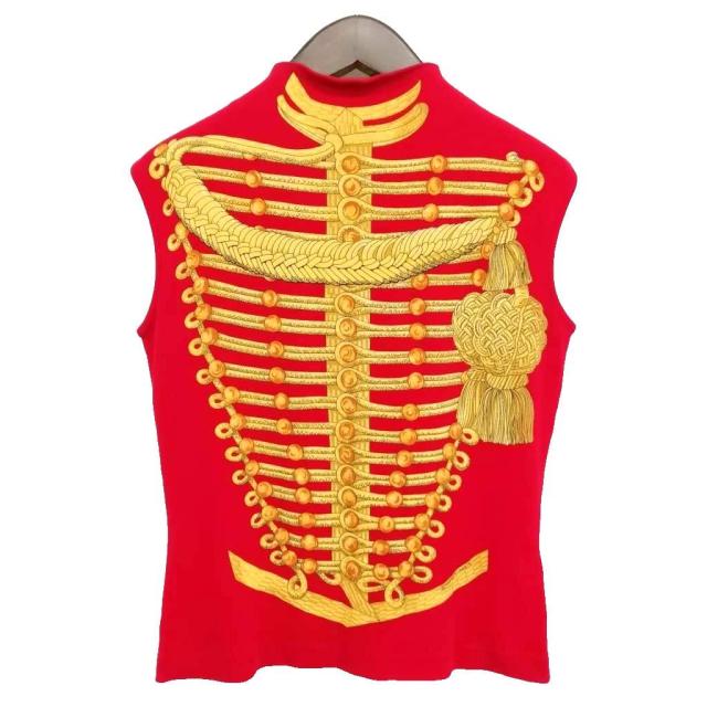 【中古】エルメス HERMES ナポレオン プリント カットソー モックネック ノースリーブ M レッド レディース