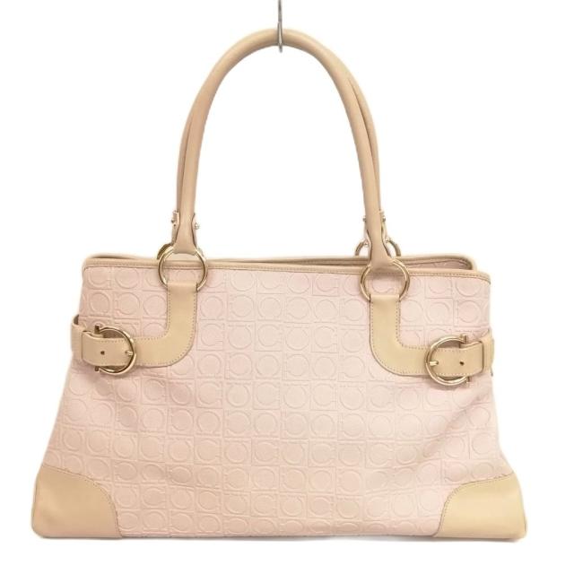 【中古】サルヴァトーレフェラガモ ガンチーニ ハンドバッグ トートバッグ 型押しPVC レザー ライトピンク系