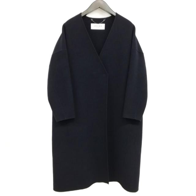 【中古】アドーア ADORE 17AW 531-7252002 ノーカラー リバー コート オーバーコート ウール カシミヤ 36 ネイビー