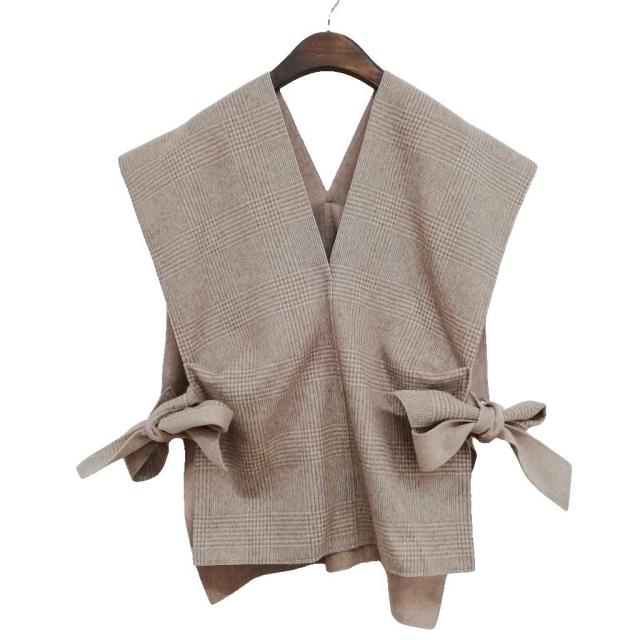 【中古】ヨリ yori YR1925-146AT グレンチェック ジレ ベスト 美品 FREE ベージュ系 レディース