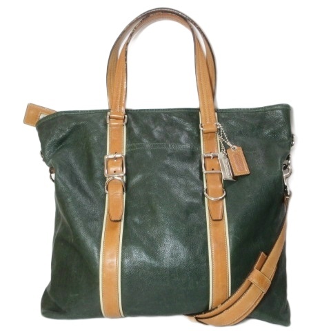 【中古】コーチ COACH 2way レザートート バッグ ショルダーバッグ 70151 鞄 B4収納 チャーム グリーン キャメル /X