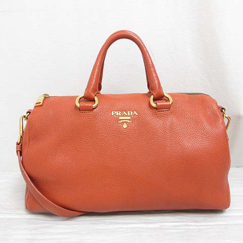 【中古】プラダ PRADA レザー ミニボストン ハンド バッグ 2WAYショルダー オレンジ ゴールド BL0610 ギャラ付 正規品