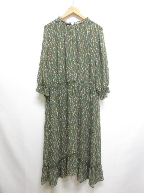 【中古】ローズティアラ Rose Tiara 美品 七分袖 花柄 シフォン ワンピース 46 大きいサイズ カーキ 裏地付き 中古】ローズティアラ Rose Tiara 美品 七分袖 花柄 シフォン