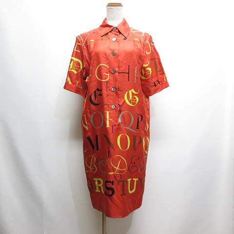 【中古】エルメス HERMES ヴィンテージ シャツ ワンピース 半袖 英字柄 40 レッド 赤系 シルク100％ 正規品