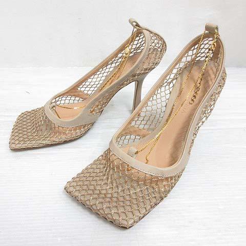 【中古】ボッテガヴェネタ 美品 一部レザー メッシュ パンプス チェーン付き 35 22cm程度 ベージュ シューズ ☆AA★