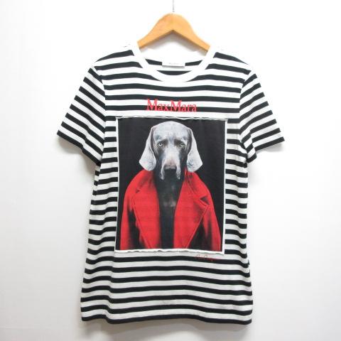 【中古】マックスマーラMAX MARA 美品 DOG ドッグ プリント 半袖 ボーダー Tシャツ カットソー S 白×黒 犬 イヌ いぬ