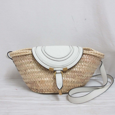 【中古】クロエ CHLOE MARCIE マーシー マーシィ ショルダー バッグ かご ラフィア レザー バスケット 白 ☆AA★