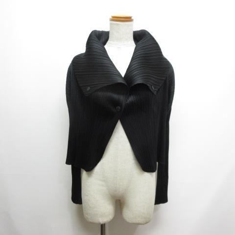 【中古】プリーツプリーズ PLEATS PLEASE 美品 プリーツ カーディガン ジャケット 3 黒 PP31-J0144 イッセイミヤケ