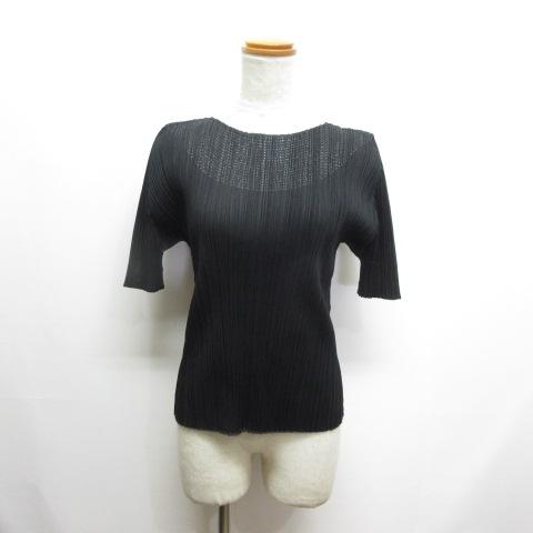 【中古】未使用品 プリーツプリーズ PLEATS PLEASE 極美品 半袖 プリーツ カットソー 3 黒 PP71-JK672 イッセイミヤケ
