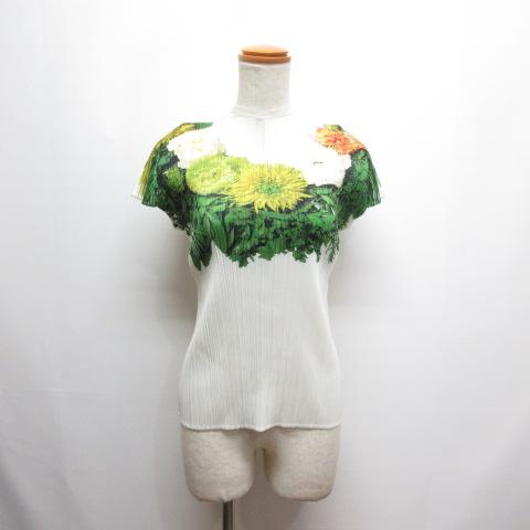 【中古】プリーツプリーズ PLEATS PLEASE 美品 半袖 プリーツ カットソー フラワープリント 花柄 3 白 イッセイミヤケ