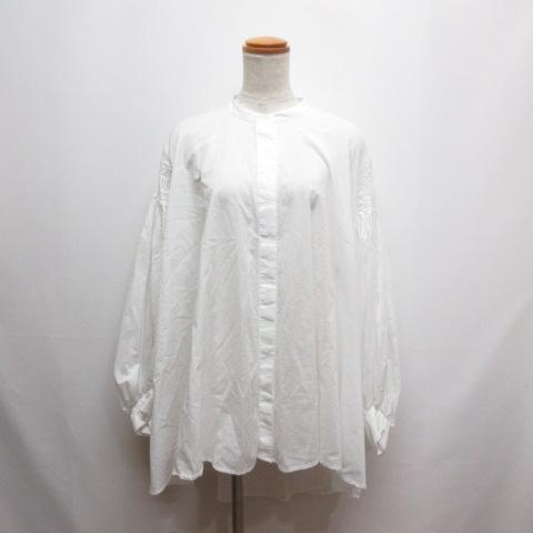 【中古】未使用品 ミズイロインド ピンタック パフスリーブ シャツ 白ホワイト 3-230043 ブラウス タグ付 レディース
