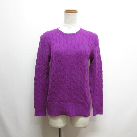 【中古】ポロ ラルフローレン ウール カシミヤ クルーネック ニット セーター ケーブル編み M 紫 パープル ポニー刺繍