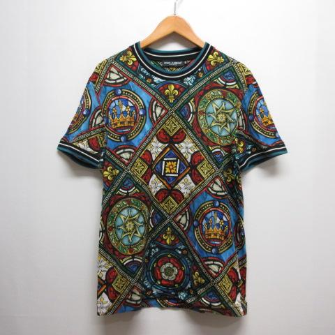 【中古】ドルチェ&ガッバーナ 美品 ステンドグラス風 プリント 半袖 Tシャツ カットソー クラウン 48 黒 ブラック