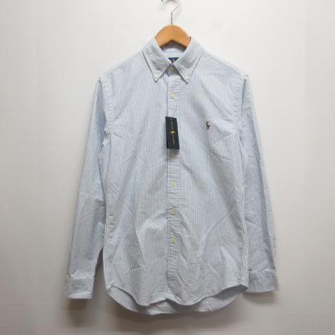 【中古】未使用 ラルフローレン RALPH LAUREN ストライプ柄 長袖 オックスフォード シャツ ボタンダウン S 白×ブルー