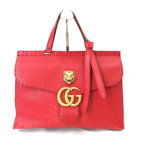 【中古】グッチ GUCCI GG マーモント タイガー ヘッド ワンハンド レザー バッグ 409155 赤レッド 手提げ かばん ☆AA★ レディース